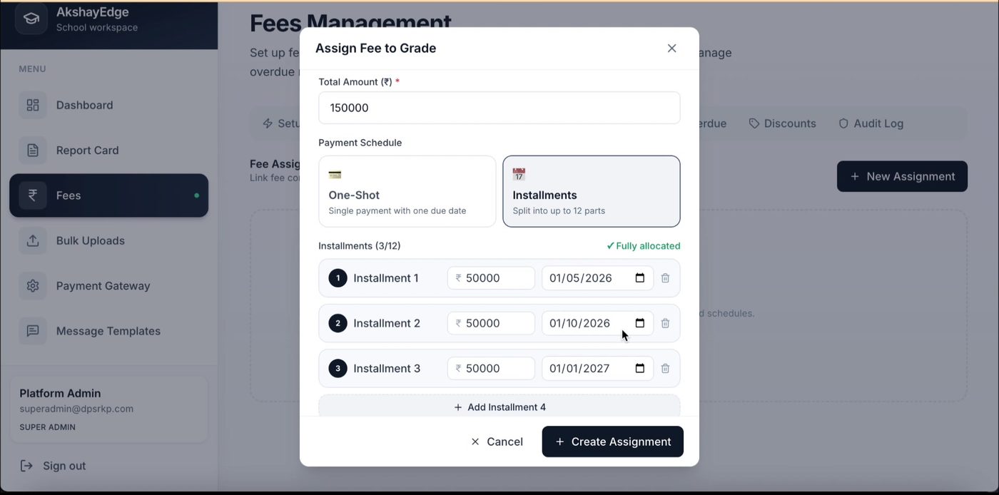 Assign fee installments